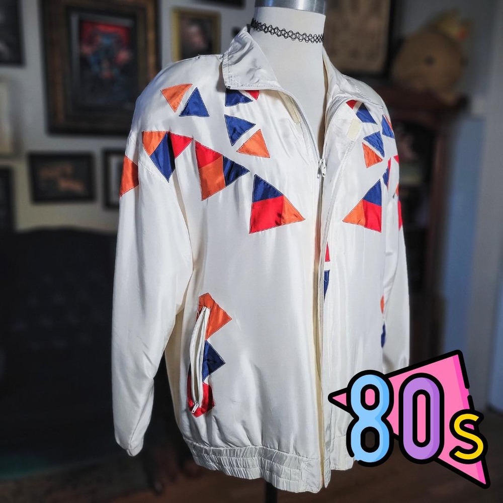 Beautex Silk Bomber Jacket Vintage 80s Geometric Colorblock White S Windbreaker